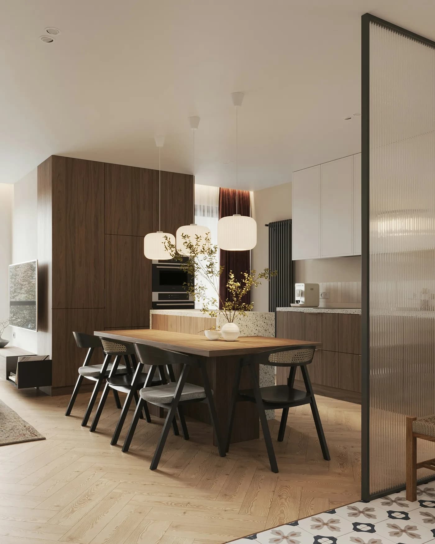Premium open-plan kitchen and dining renovation with walnut cabinetry